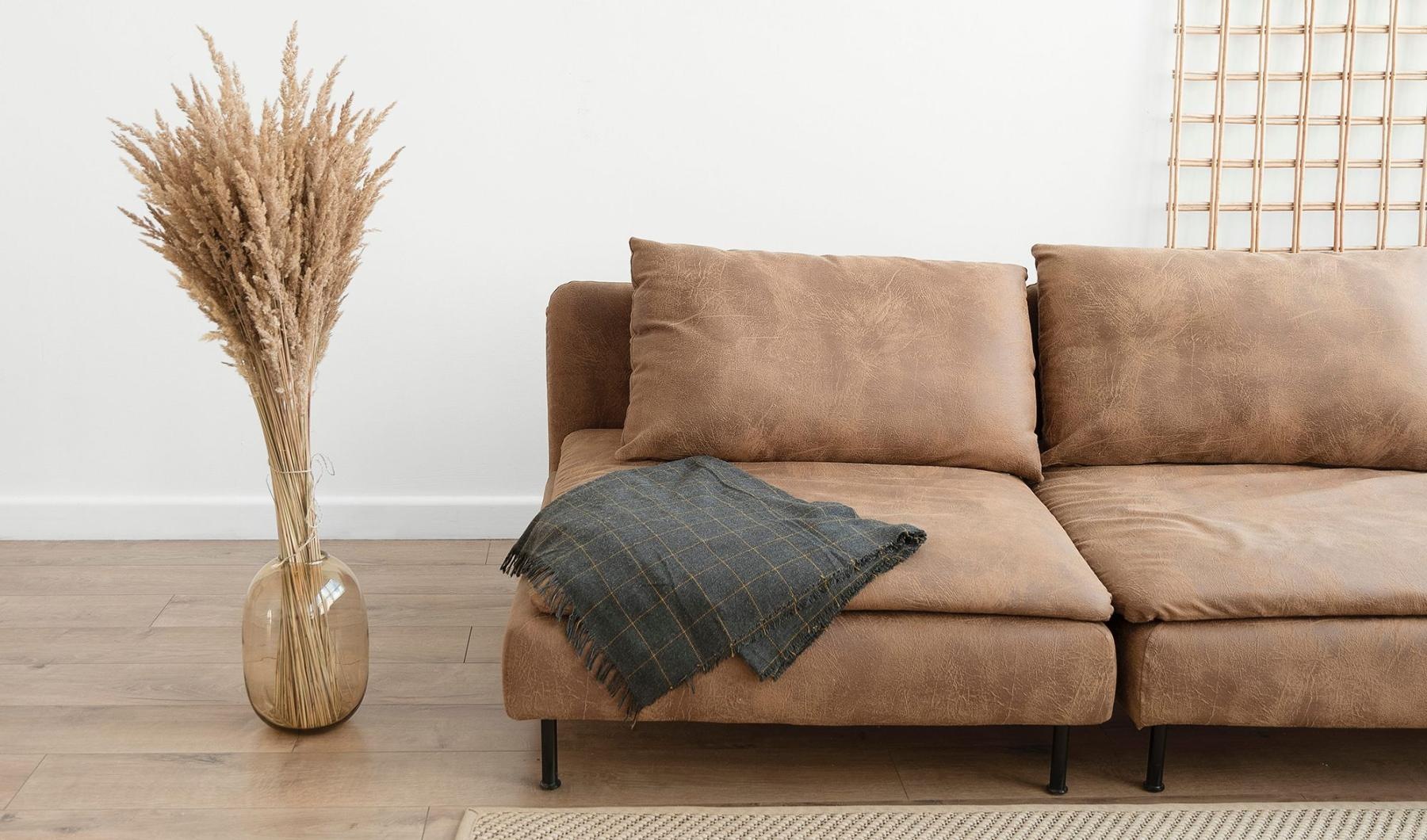 living room with a throw on a couch beside a large floor vase with a plant in it